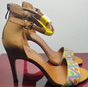 MIA Tan Heels with Colorful Patterned Straps